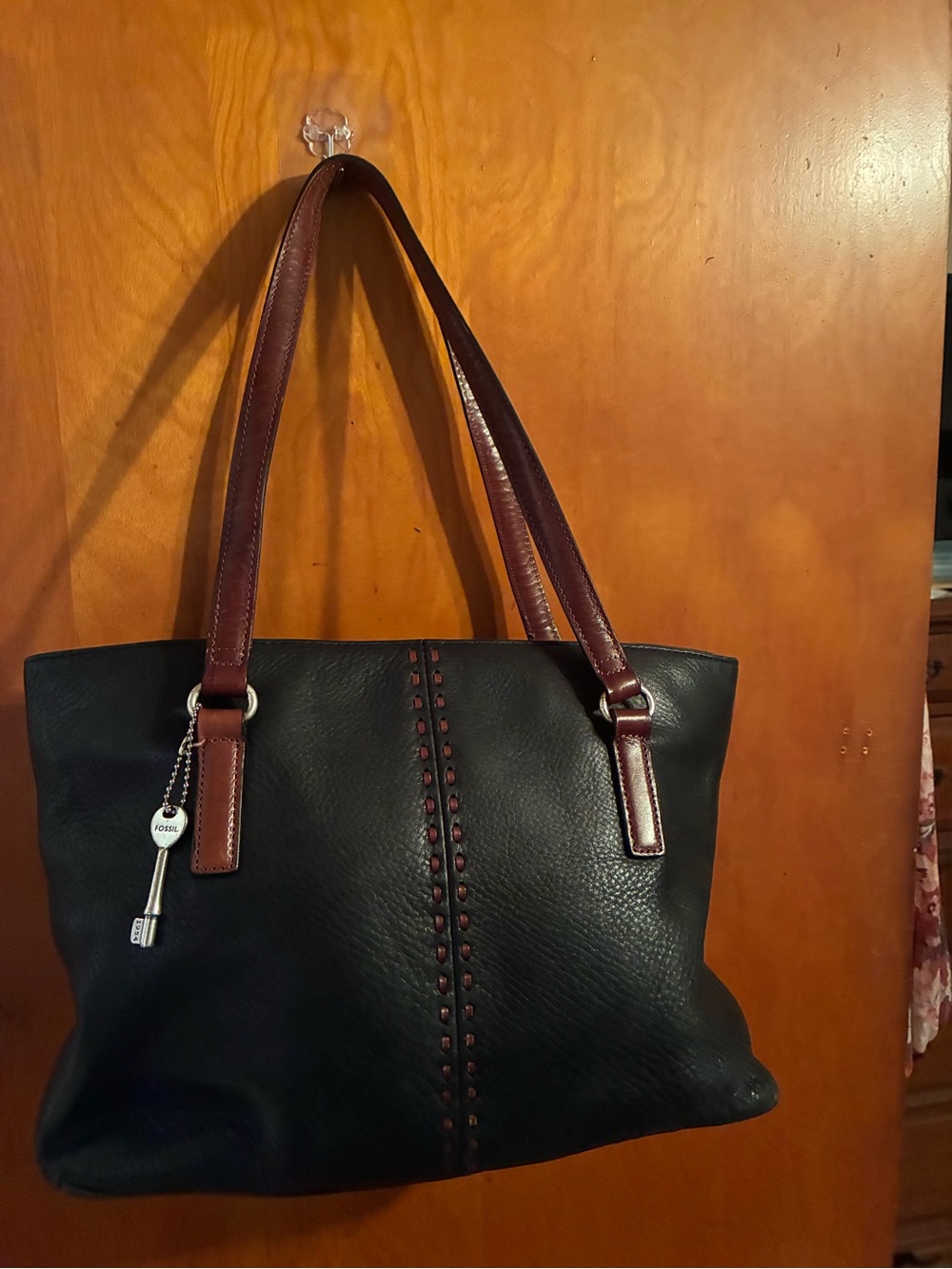 Fossil Black Leather Tote with Brown Handles and Stud Accent